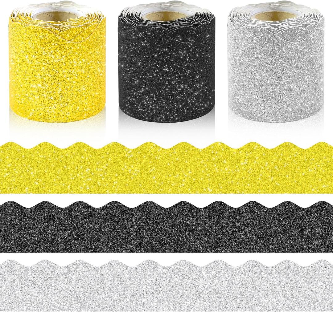3 Rolls 98.4 Ft Glitter Bulletin Board Borders Set - Sparkly Classroom Borders for Bulletin Board Decorations - Office, School Supplies, Home DIY - Perfect for Teachers, Posters & Birthday Party Decor
