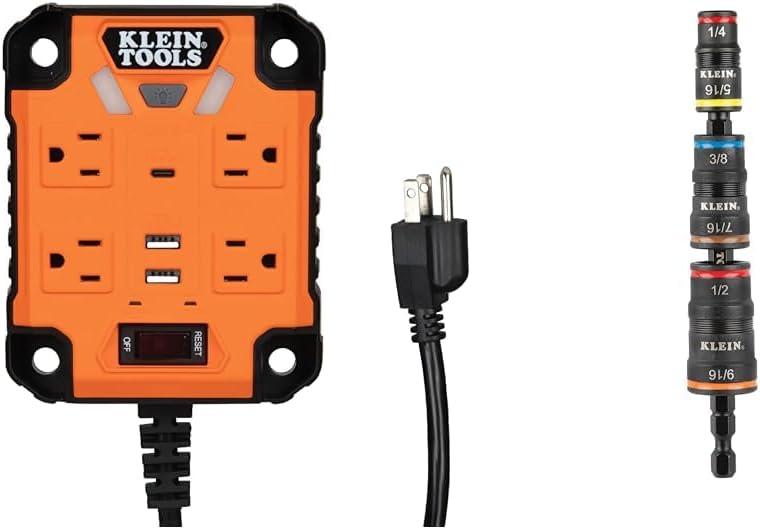 Klein Tools 29601 Magnetic Power Strip with Surge Protector, Extension Cord, 4 Outlets, 3 USB Ports & 32933 Impact Driver, 7-in-1 Impact Flip Socket Set, 6 Hex Driver Sizes