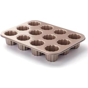 Canele Molds Baking Pan for Cupcake Muffin Cake Canneles Forms Non-Stick Carbon Steel Gold 12-Cup