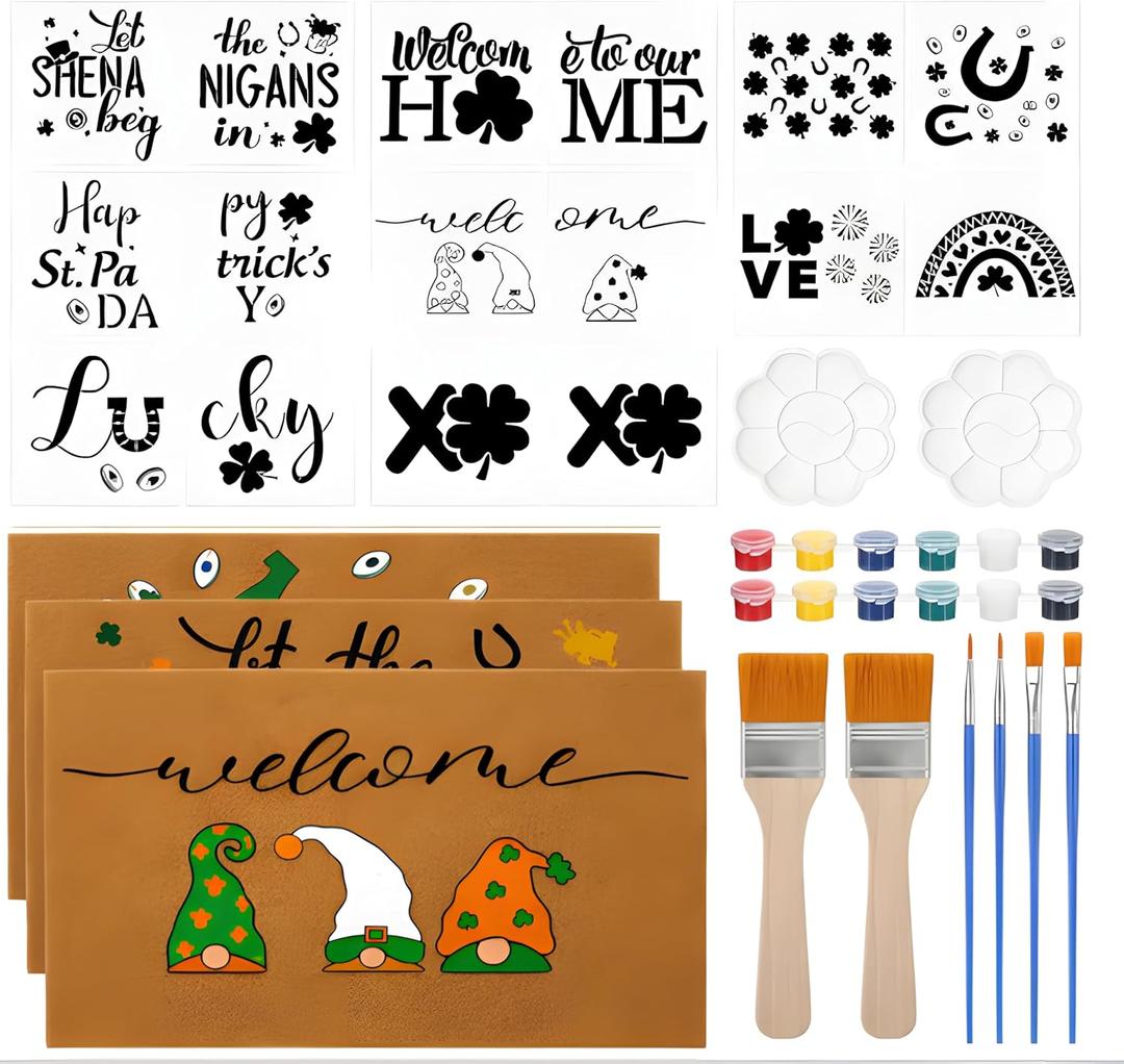 Chunful 3 Pack St. Patrick's Day DIY Doormat Craft Kit Make Your Own Blank Doormat Painting Kit 17" x 30" Coir Coconut Rug to Paint with Stencils Painting Tools for Door Home Decor, Non Slip Backing