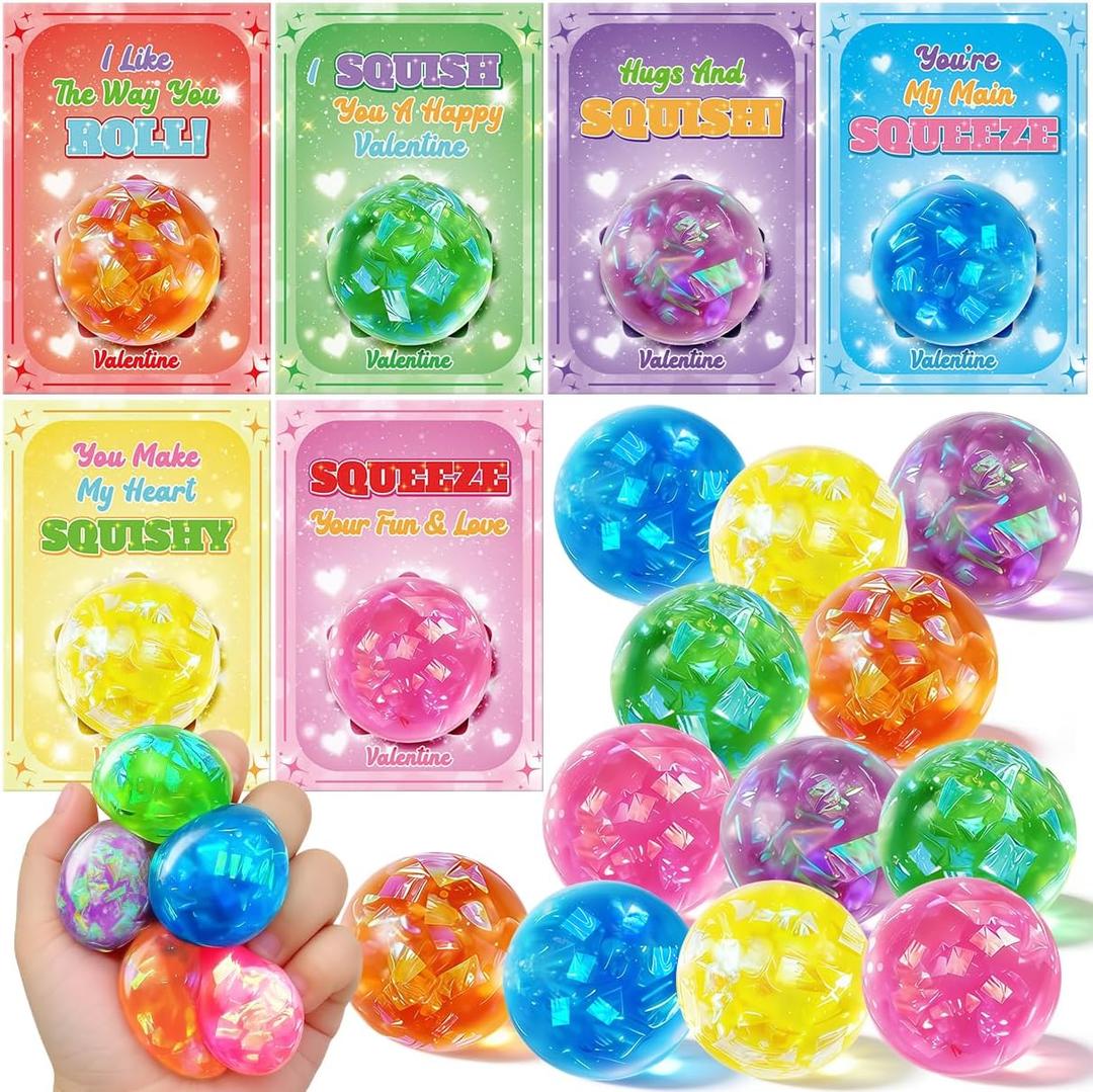 Valentines Day Cards for Kids School - 24 Pack Glitter Stretchy Balls, Valentines Day Gifts for Kids, Squeeze Stress Fidget Toys for Classroom Prize Exchange, Valentine Party Favors for Boys Girls
