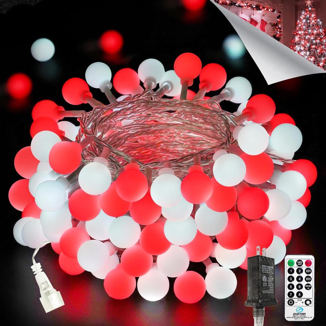 43FT 100LED Connectable Christmas Globe String Lights Indoor Outdoor - Red and White Fairy Lights Plug in with Remote & 8 Modes, Twinkle Light for Christmas Decorations Bedroom Room Tree Party