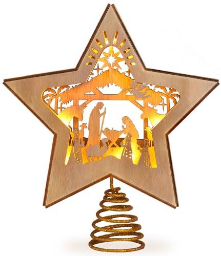 GHOSTMAGIC 3D Wooden Nativity Christmas Tree Star Topper Lighted, LED Xmas Decor Ornaments for Indoor
