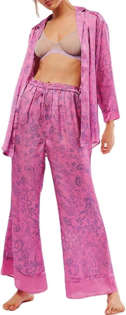 Women Satin Pajama Set Floral Silk Pajamas 2 Piece Lounge Sets Button Down Shirts Wide Leg Pants Pjs Sleepwear (Medium, Rosered)