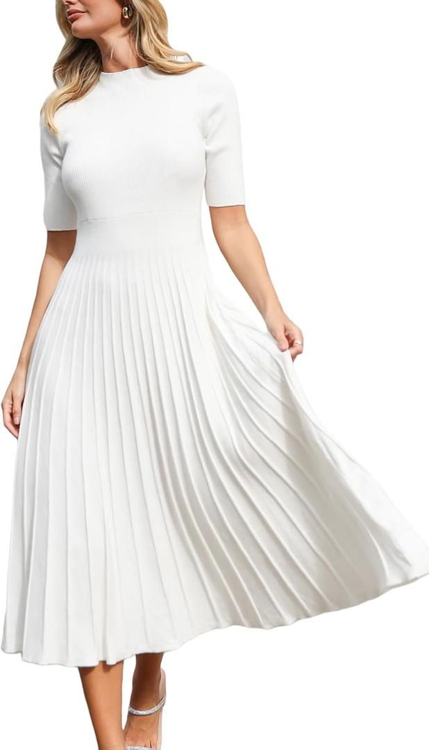 CUPSHE Fall Dresses for Women 2025 Round Neck Half Sleeve Ribbed Knit Pleated A Line Fitted Midi Pullover Sweater Dress (White) S