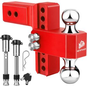 METOWARE Adjustable Trailer Hitch for 2.5 Inch Receiver, 6" Drop/Rise Heavy Duty Aluminum Tow Hitch, 18,000 LBS GTW, Dual Ball (2" & 2-5/16"), Double Stainless Steel Locks & Hitch Pin (Red)