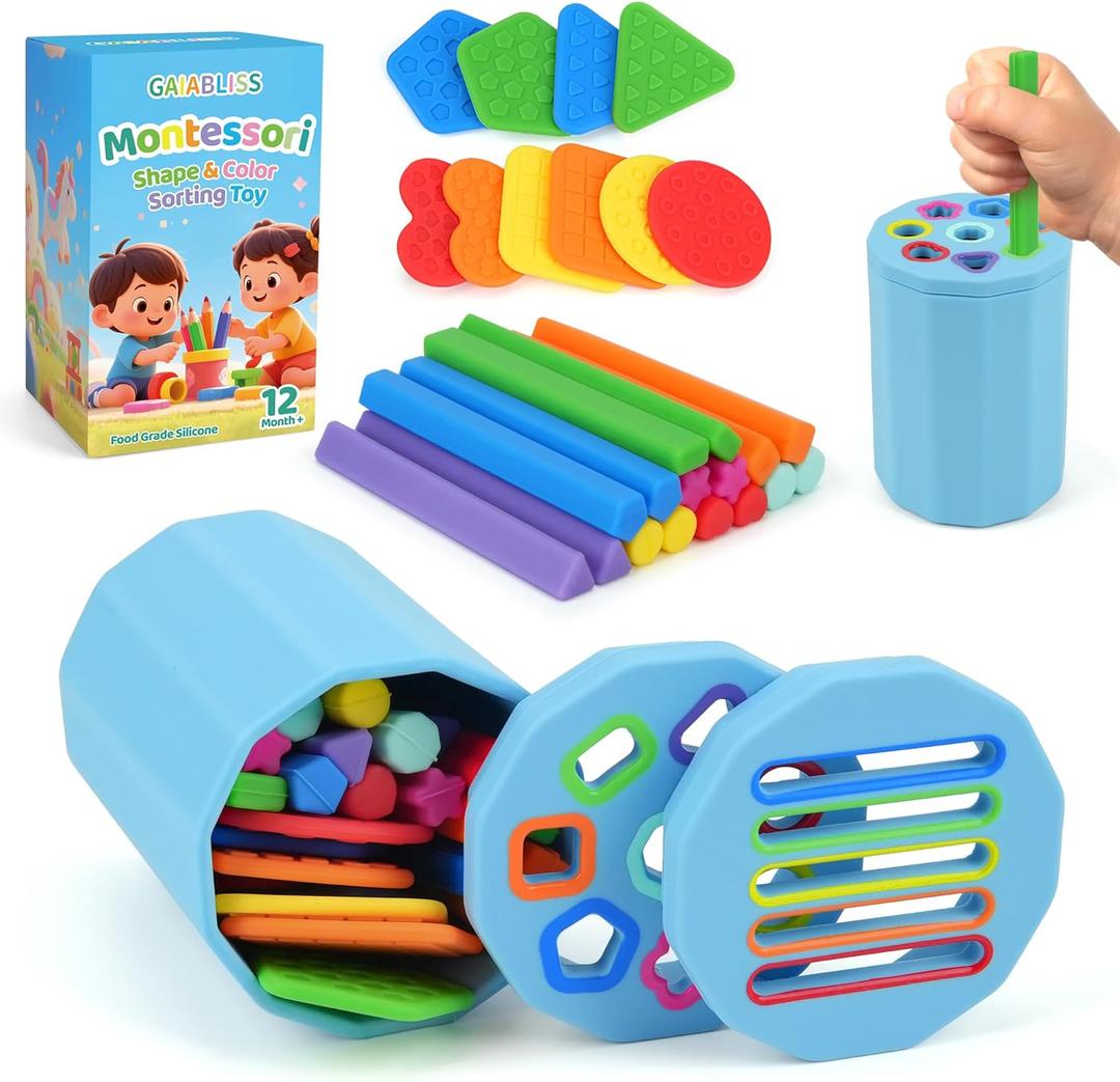 Shape & Color Sorting Montessori Baby Toddler Toys for 1 2 3 Years Boys Girls, Silicone Montessori Toys for 1 Year Old, Fine Motor Skills Sensory Toddlers Toy 1 Year Old Girl and Boy Gift,2 In 1