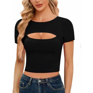 CLOZOZ Cut Out Tops for Women Sexy Crewneck Crop Top Slim Fitted T-Shirts Going Out Tops (Medium,  02 Black)