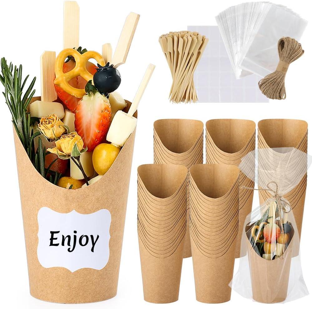 50 Sets 12 oz Charcuterie Cups, 100 Picks + 50 Bags + 50 Labels, Disposable Charcuterie Cups with Sticks and Bags, Brown Paper Snack Cup Disposable French Fry Cup for Parties, Catering