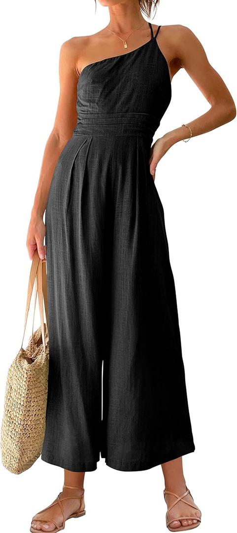 ANRABESS Women's Summer Straps One Shoulder High Waist Dressy Casual Wide Leg Linen Jumpsuit Romper Beach Travel Outfits (Black, M)