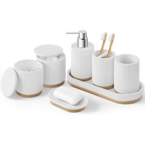 7PCS Bathroom Accessories Set, with Soap Dispenser, Q-tip Holder, Toothbrush Holder, Tumbler, Soap Dish, Vanity Tray, Complete Bathroom Accessory Set Organizer Countertop for Modern Home Decor, Black