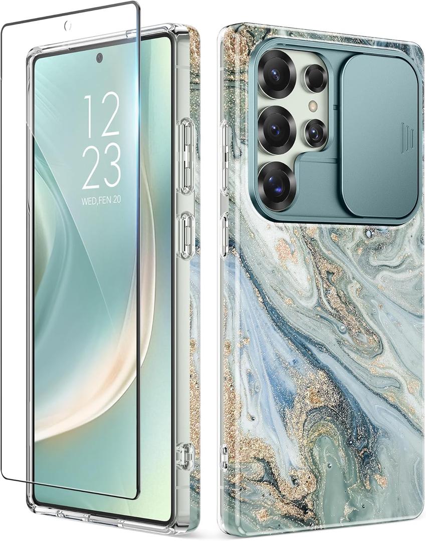 GVIEWIN for Samsung Galaxy S25 Ultra Case with Slide Camera Cover, [Screen Protector] [Shockproof Military Grade Drop Protection] Marble Slim Fit Hard PC Phone Cover S25 Ultra 6.9" 2025 (Ocean Tide)