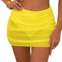 SherryDC Women's Ruched Mesh Bikini Swimsuit Bottoms High Waisted Sheer Short Swim Skirt (Medium)