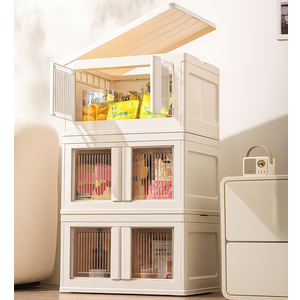 3 Pack Large Capacity Plastic White Storage Bins with Lids-Folding Storage Box with Doors and Wheels, Stackable Storage Cabinet, Pantry Storage, Room Organizer, for Kitchen Living Room (White, XL)