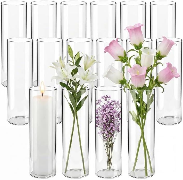 16 Pack Glass Cylinder Bud Vases for Centerpieces, 7.7 Inch Tall Clear Flower Vases in Bulk, Floating Candle Holder for Wedding, Party, Home Decor, Birthday, Anniversary, Baby Shower