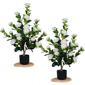 2-Piece Set of 36 inch (Approximately 91 cm) Artificial Camellia Tree with 24 Blooming Flower Plants, Used for Indoor and Outdoor Office Home Porch Decoration (2PCS Including Small Stones)