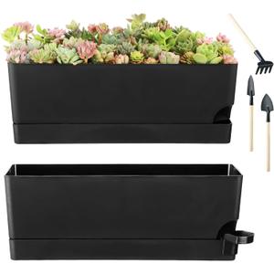 2 x Self Watering Pots for Indoor Plants 17 Inches Window Boxes Planters Rectangular Flower Pots Rectangle Herb Pots Large Plant Pots with Drainage Holes and Saucers Windowsill Planter (2, Black)
