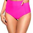 Tempt Me Women High Waisted Swimsuit Bikini Bottoms - Tummy Control Swim Bottom Full Coverage Bathing Suit with Pockets 2025 (Small, Hot Pink)