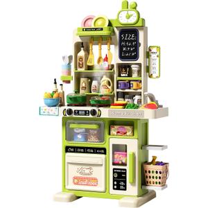 33.8IN Kids Kitchen Playset, 63PCS Kid Play Kitchen with Realistic Lights & Sounds, Spray Sink Toy Kitchen Accessories, Pretend Food Toys Kitchen for Boys Girls Toddlers(Green)