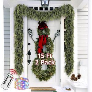 Cedar Christmas Garland with Lights for Mantle - 2 PACK Decorations 15ft Realistic Lighted Faux Pine Garlands for Xmas Home Decoration Indoor Stairs Railing Fireplace Outdoor Prelit Garland Door Decor