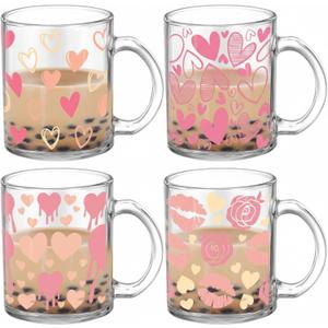 Tioncy 4 Pcs Valentines Heart Coffee Mugs 12 oz Heart Glass Cups with Handle Valentine's Day Pink Coffee Cup Sweet Love Gifts Drinking Mugs for Romantic Holiday Party