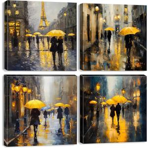 Abstract Paris Wall Art City Pictures Rainy Street Landscape Paintings Canvas Prints Yellow and Grey Wall Decor Eiffel Tower Cityscape Posters Artwork for Bedroom Living Room Home Decoration 12x12" 4P