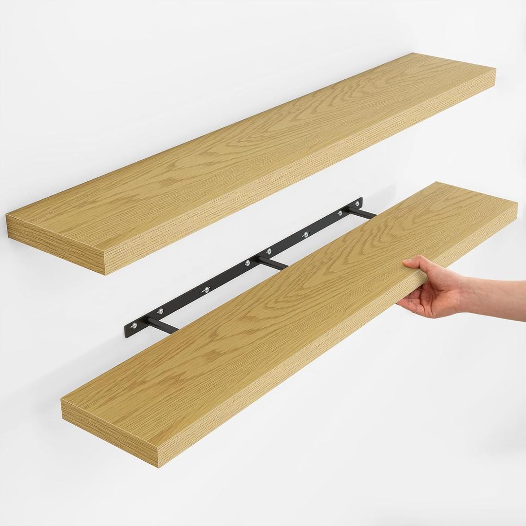 Fun Memories Rustic Wood Floating Shelves for Wall, Space-Saving Wall Mounted Shelves for Bathroom, Bedroom, Living Room and Kitchen, Stylish Storage & Display (Set of 2, Oak, 48 in)