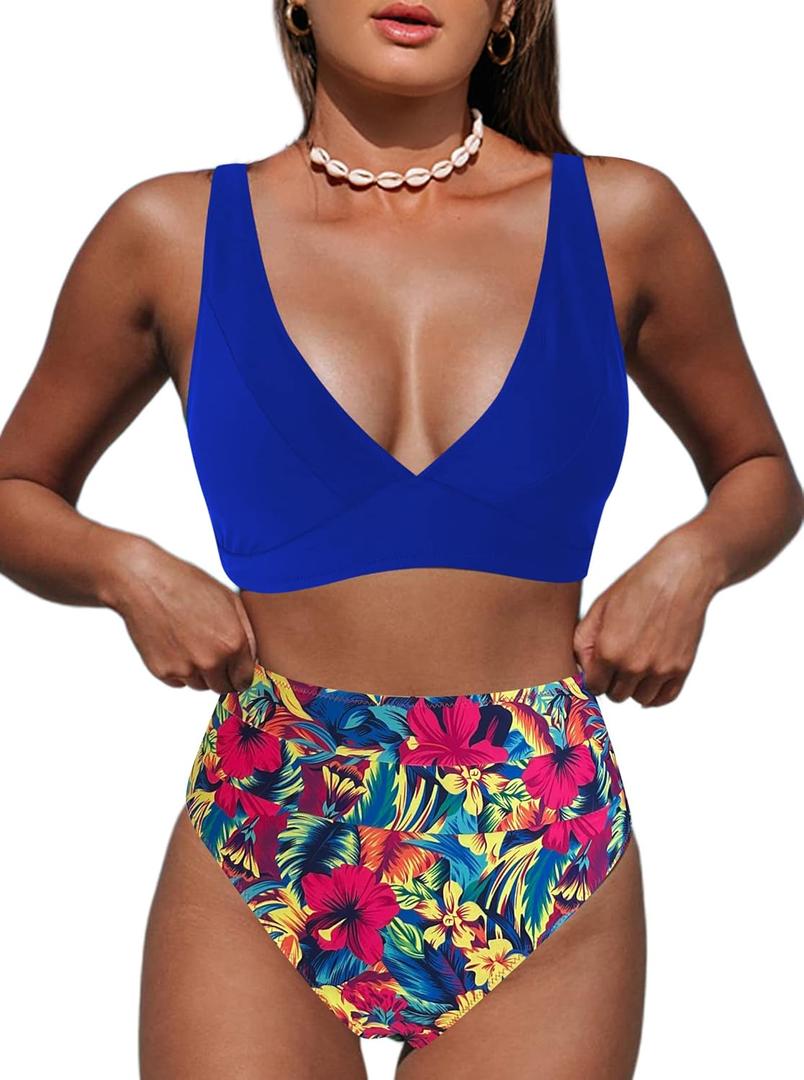 Hilinker Women's Leopard Bikini Swimsuits V Neck High Waisted 2 Piece Bathing Suits (X-Large, Royal Blue Floral)