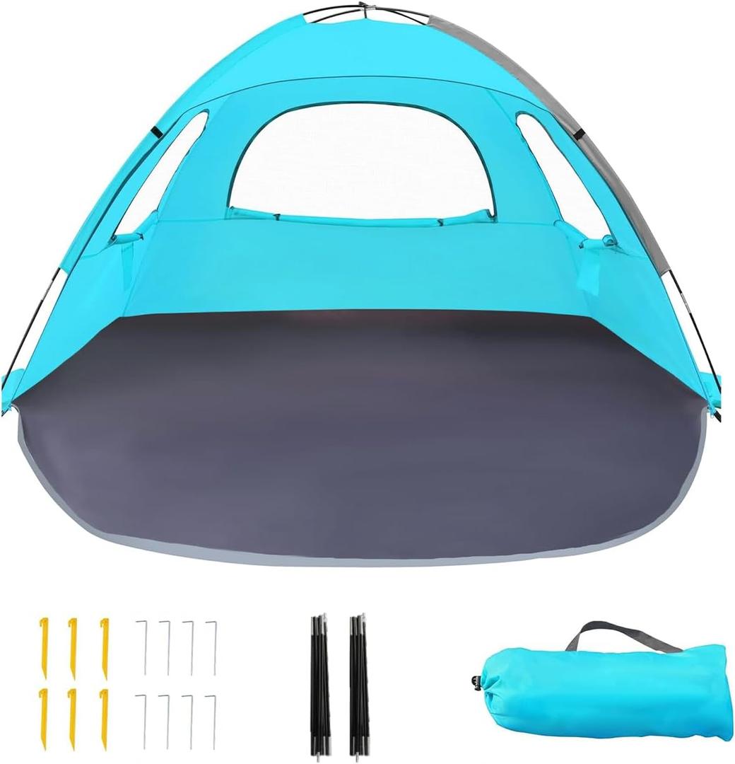 Outterra Beach Tent for 3-4 People, UPF50+ Sun Shelter with Breathable 3-Way Ventilation, 8.0mm Reinforced Fiberglass Poles, Portable Shade Canopy for Beach & Camping (Green)