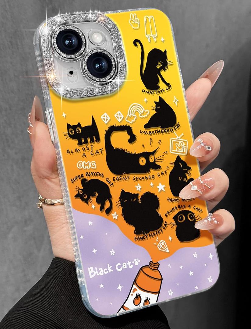 Toycamp for iPhone 14 Plus Case - Aesthetic Cute Paint Black Cats 14 Plus Phone Case with Diamond Bling Lens Protector Laser Glitter Holographic Y2K i Phone 14 Plus Cover for Women Girls