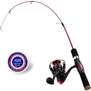 WIDDEN Ice Fishing Rod and Reel Combo, 27" Medium Light Spinning Ice Fishing Pole, Gear with Tackle Box Kit, Line, Lures for Saltwater, Freshwater Trout, Bass, Walleye (Red)