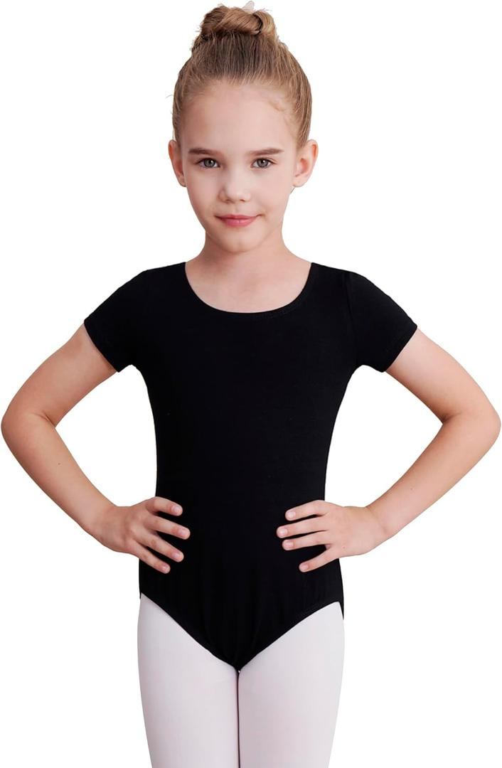 WEGETIT Gymnastics Leotards for Girls Ballet Leotard Toddler girls Bodysuit Short Sleeve Kids Dance Outfits (12-14 Years, Black)