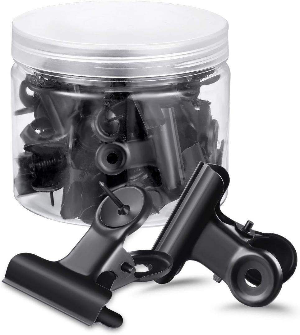 Outus 30 Pieces Push Pins Clips Thumb Tacks with Clips Cork Board Tacks for School Artworks Projects on Cork Photos Documents on Bulletin Board No Holes for The Paper(Black)