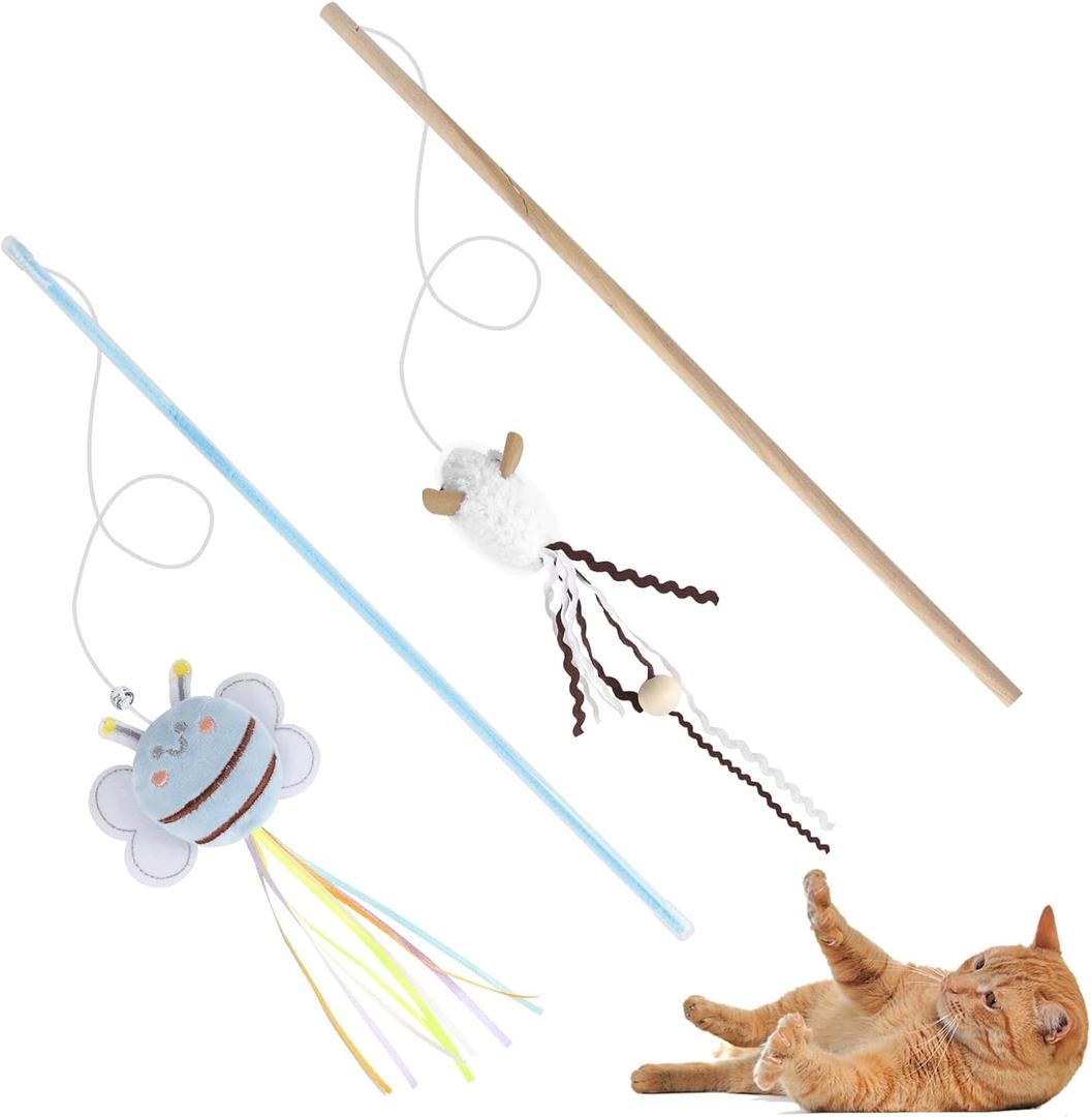 NOWFRESH Cat Wand Toy Set, 2 PCS Interactive Cat Teaser Wands with Cute Bee & Mouse Designs, Equipped with Bells and Streamers to Captivate Your Cats Attention