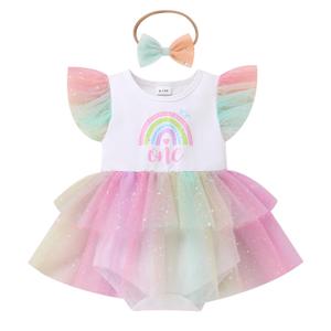 ODASDO Baby Girl Boho Rainbow 1st First Birthday Outfit I'm One Year Old Party Cake Smash Flutter Sleeve Fairy Tulle Tutu Romper Dress with Bowknot Headband Set Summer Photo Shoot Colorful 9-12M