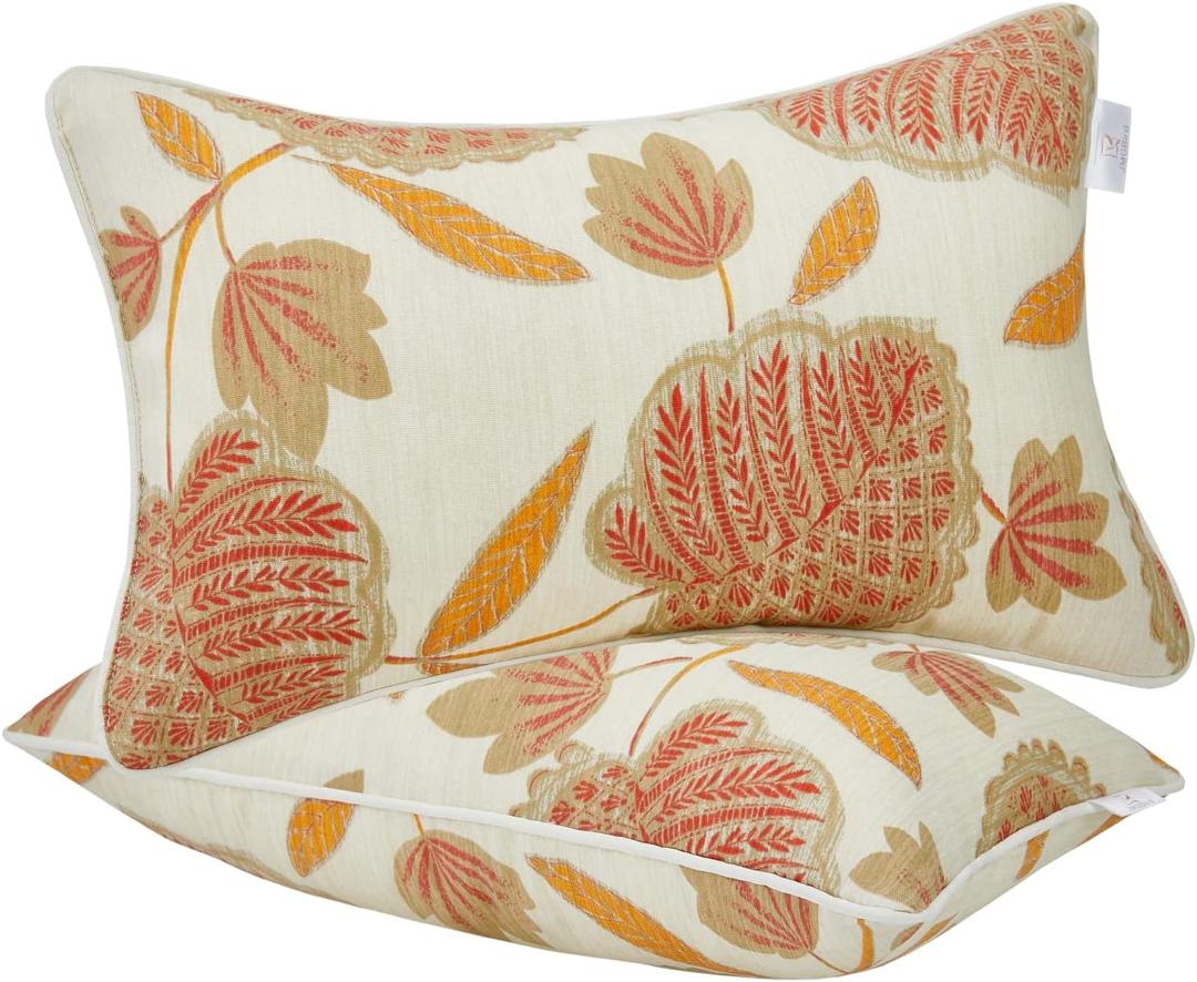 JMGBird Water-Resistant Outdoor Pillows Set of 2, 12x20 inch Durable Beige with Orange Leaf Pattern Throw Pillows with Inserts for Patio Furniture