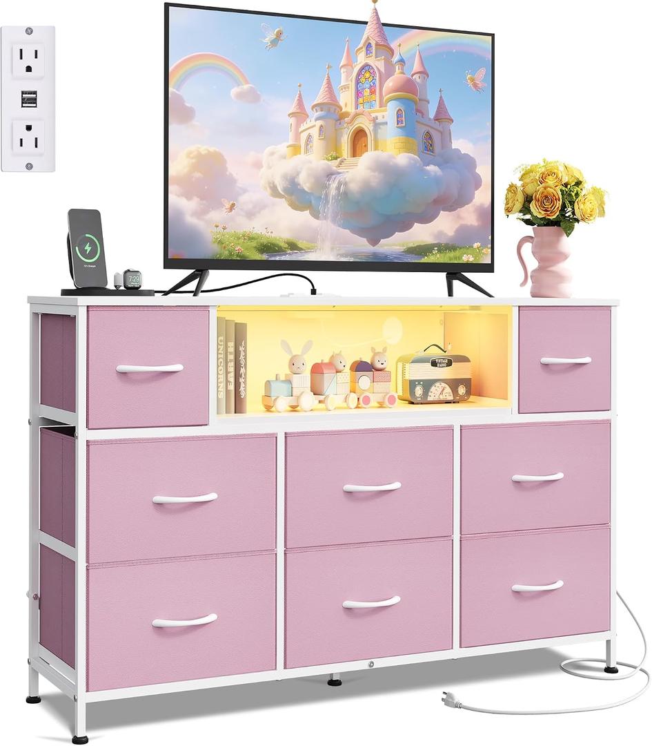 WLIVE LED Dresser TV Stand for 55 Inch TV, 8 Drawers, Pink