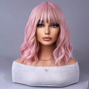 Pink Wig With Bangs, Fashionable Pink Wig Bangs, Long Wavy Wigfor Party Cosplay Light Pink