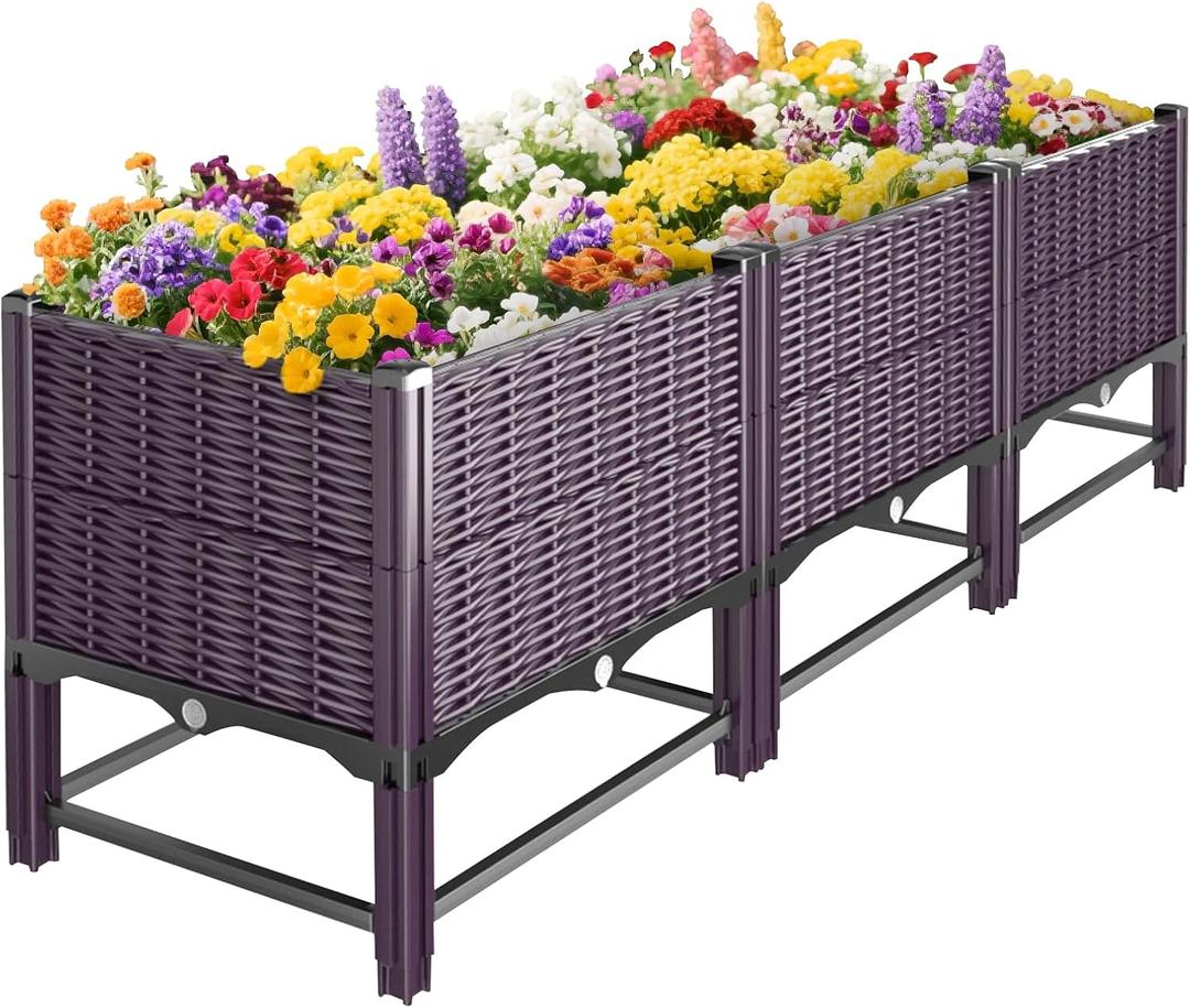 Raised Garden Bed with Reinforcement Rods Elevated Planter Boxes for Outdoor Plants with Drainage Holes for Flowers Vegetables Herbs Patio Backyard Deck Balcony, Purple, Double-Layer