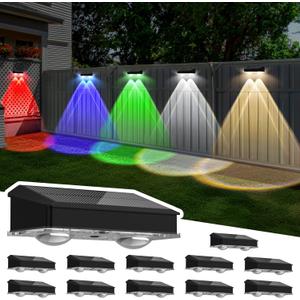 Solar Fence Lights Outdoor 12 Pack, Warm White & Cool White & 6 Colored+RGB Color Changing, High Brightness LED Spot Lens Deck Lights Dusk to Dawn for Backyard Railing Patio Wall, IP65 Waterproof (ABS)