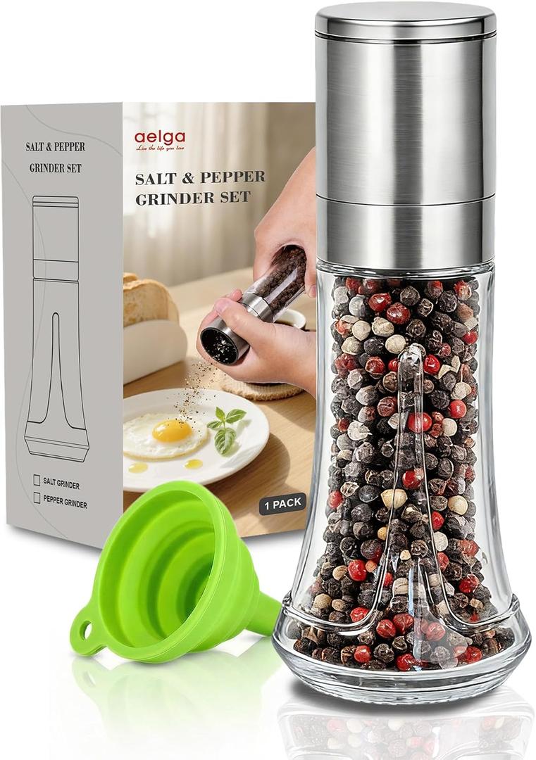 Aelga Pepper Grinder with Silicone Funnel - 4oz Glass Manual Mills with Adjustable Ceramic Core, Refillable Kitchen Gadget