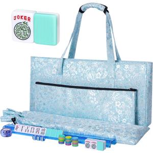 American Mahjong Game Set, 166 Light Green Tiles, Blue Bag with Entire Accessories, 4 All-in-One Rack/Pushers, Mahjong Tiles Set