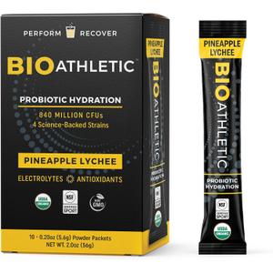 Probiotic + Electrolyte Hydration Drink Mix, with Vitamins D & B12, USDA Organic, NSF Certified for Sport, Subtle Pineapple Lychee Flavor, Naturally Light Taste, 10 Sticks, Expiry: 05/2027