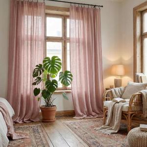 PONY DANCE Coral Pink Linen Curtains 96 inch Long, Pinch Pleated Farmhouse Light Filtering Curtain Drapes for Bedroom Living Room,Back Tab Boho Linen Textured with Hooks,40Wx96L,2 Panels Set