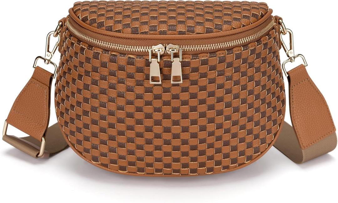 FODOKO Woven Crossbody Bag for Women Woven pu Leather Bum Bags Checkered Cross body purse with zipper Adjustable straps（Checkered Coffee brown