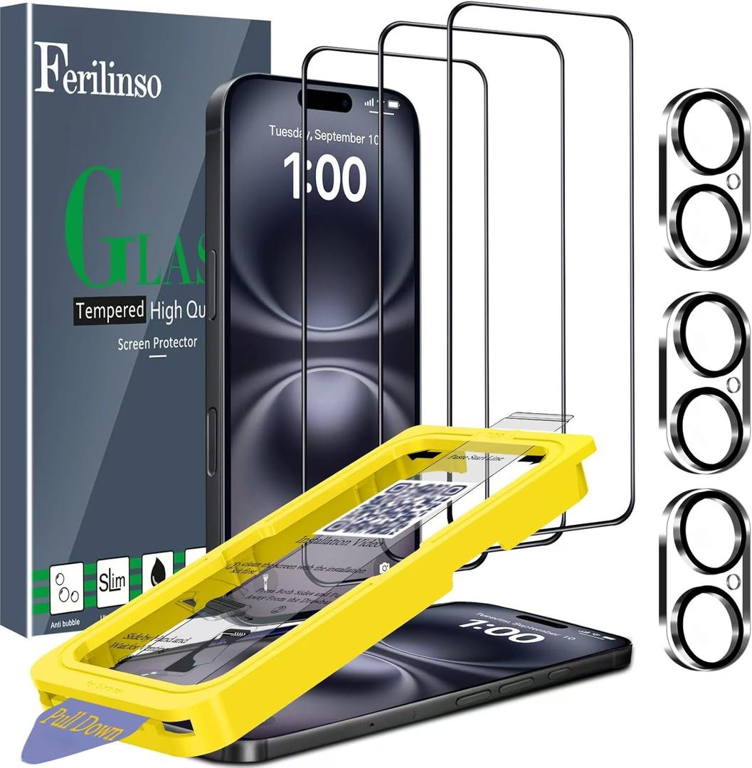 Ferilinso [Auto Dust Install] 3 Pack Screen Protector for iPhone 16 Plus [Phone Case fit], 3 Tempered Glass Camera Lens Protector Accessories for Apple