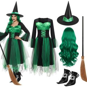 Witch Costume Set with Witch Hat, Cosplay Wig, Dress, Broom, Shoe Covers for Women Halloween Dress up (Large, Green)
