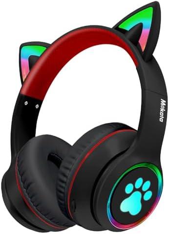 Mokata Headphones Cat Ear Wireless Bluetooth 5.3 60H Over Ear, 8H with Led Light Foldable Music Gaming Headset with Aux 3.5mm Mic for Game TV Pad Tablet Laptop Cellphone, Black