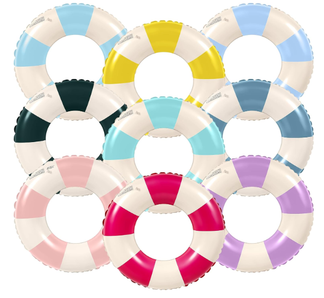 Lenwen 9 Pcs Classic Striped Pool Inner Tubes Pool Tubes with Fun Prints Pool Float Tube Inflatable Tube Float Bachelorette Pool Floaties for Swimming Pool Summer Beach Party Decor Supplies
