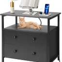 27 inch Wide Night Stand with Charging Station, Bedside Table with Open Shelf, 2 Drawers Small Wood Dresser, Modern Wood Nightstand for Bedroom/Living Room (Black)